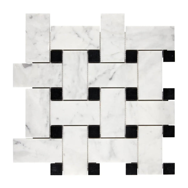 Carrara White Large Basketweave with Black Mosaic Marble Tile in polished or honed finish