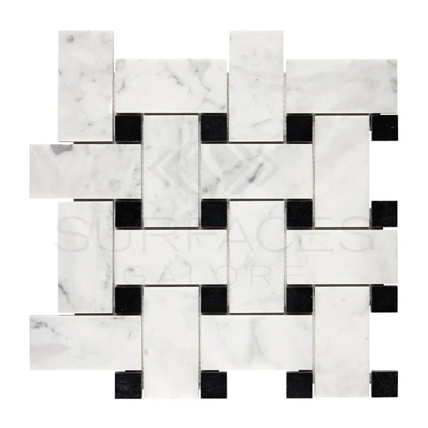 Carrara White Large Basketweave Mosaic Marble Tile with Black Accent Polished or Honed