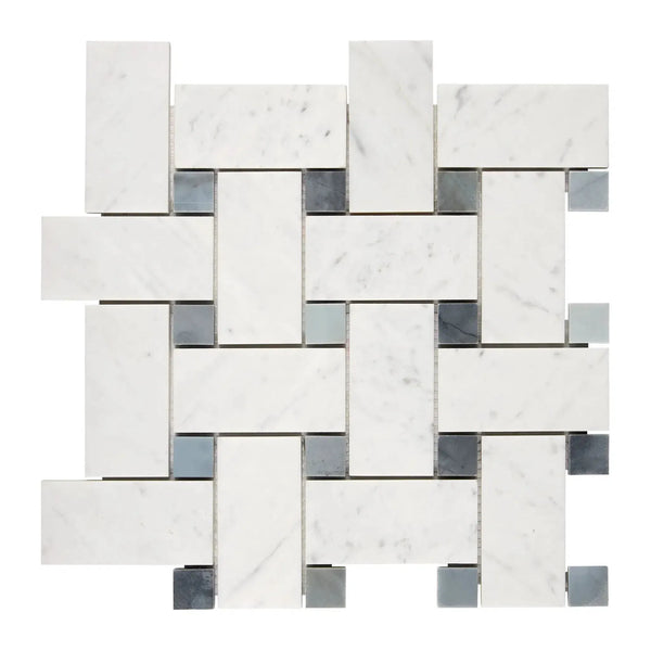 Interwoven white and gray tile mosaic in Carrara White Large Basketweave Marble Tile