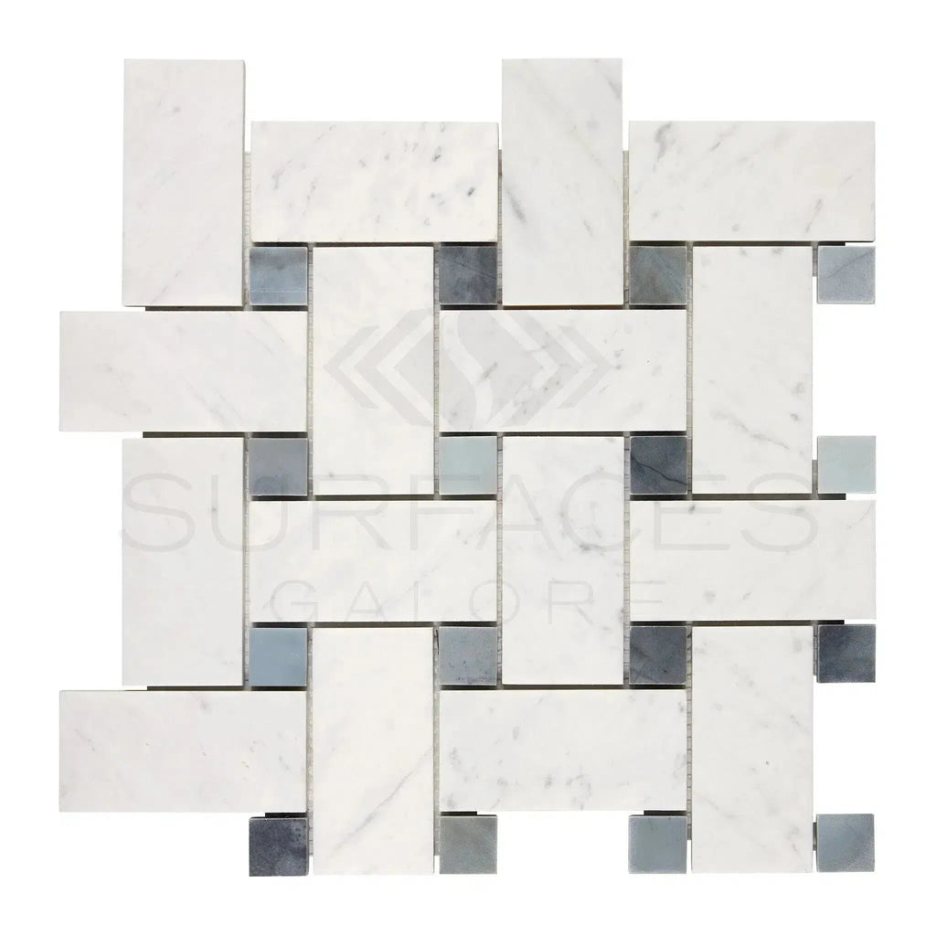 Interwoven marble and gray tile mosaic in Carrara White Large Basketweave design