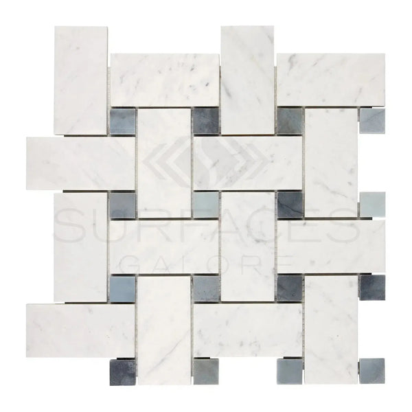 Interwoven marble and gray tile mosaic in Carrara White Large Basketweave design