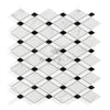 Diamond-patterned marble tile mosaic in Carrara White Lattice design