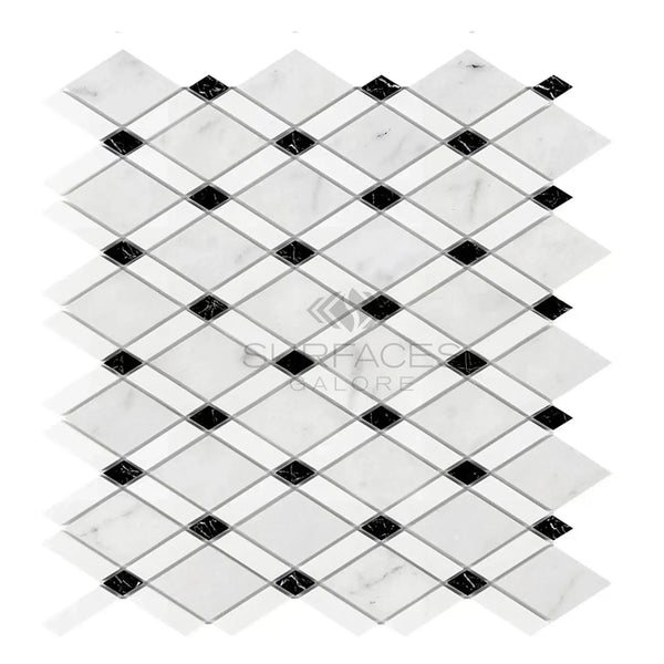 Diamond-patterned marble tile mosaic in Carrara White Lattice design