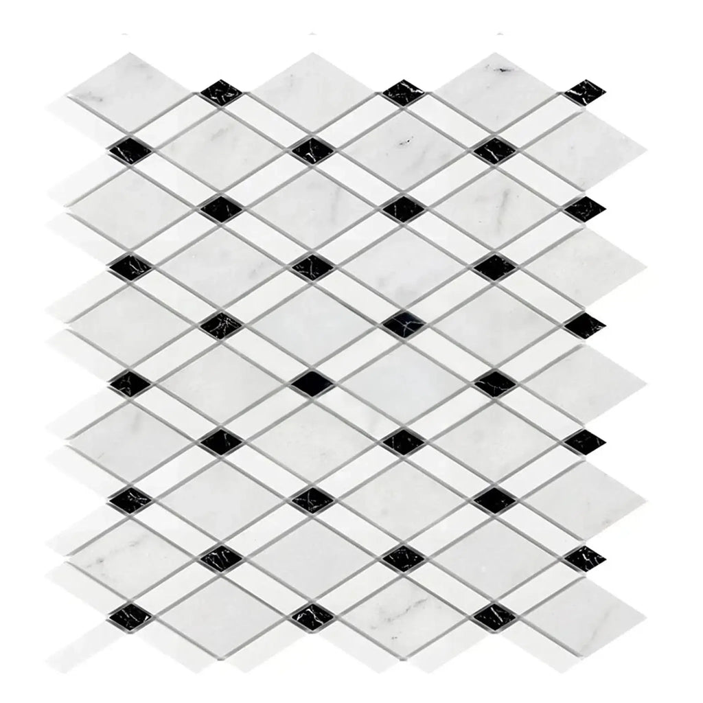 Diamond-patterned marble tile with black accents in Carrara White Lattice Mosaic