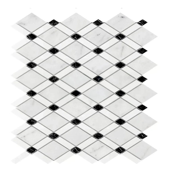 Diamond-patterned marble tile with black accents in Carrara White Lattice Mosaic