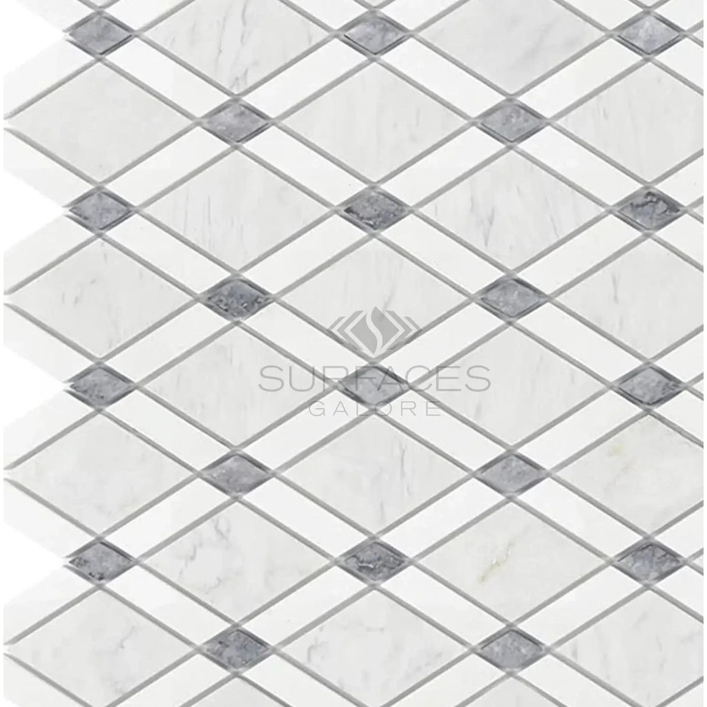 White and gray diamond tile pattern of Carrara White Lattice Mosaic Marble Tile