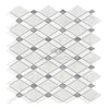 Diamond-patterned mosaic tile sheet in Carrara White Lattice marble design