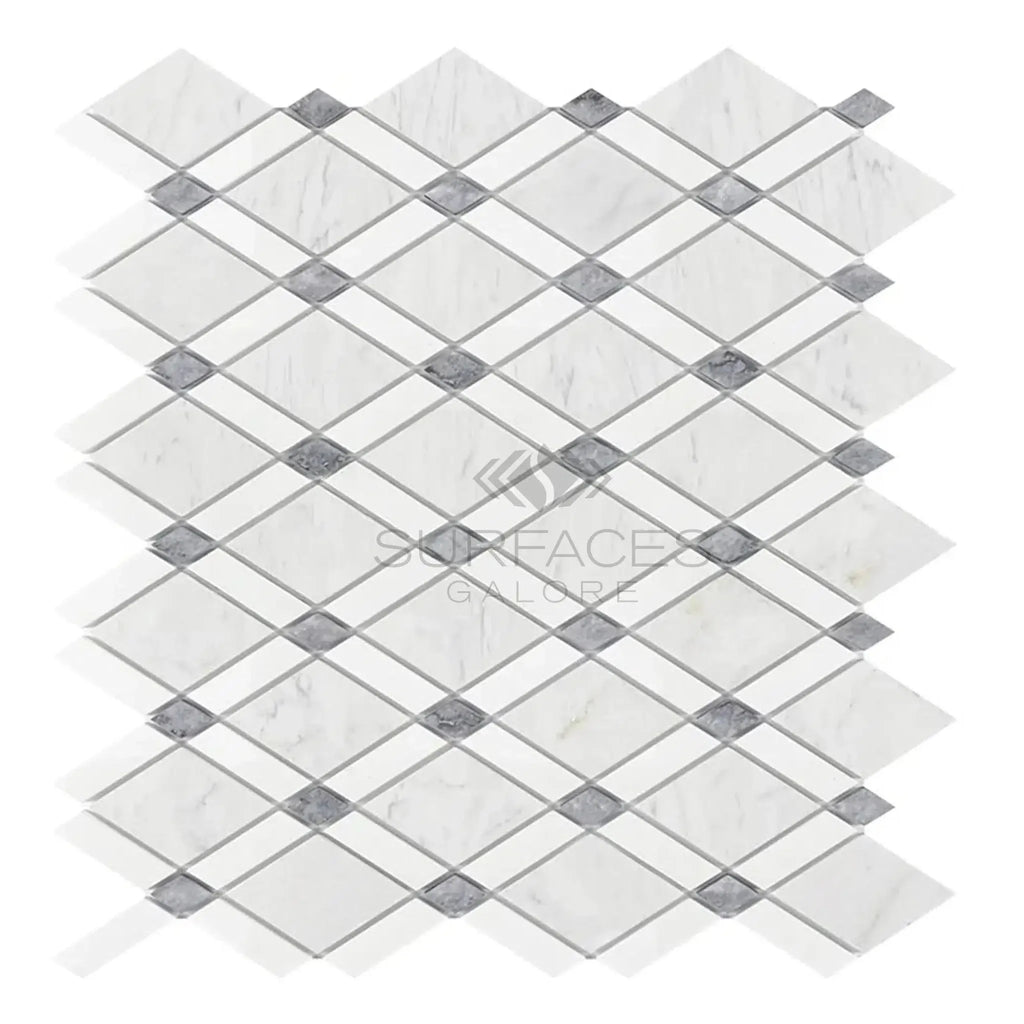 Diamond-patterned mosaic tile sheet in Carrara White Lattice marble design