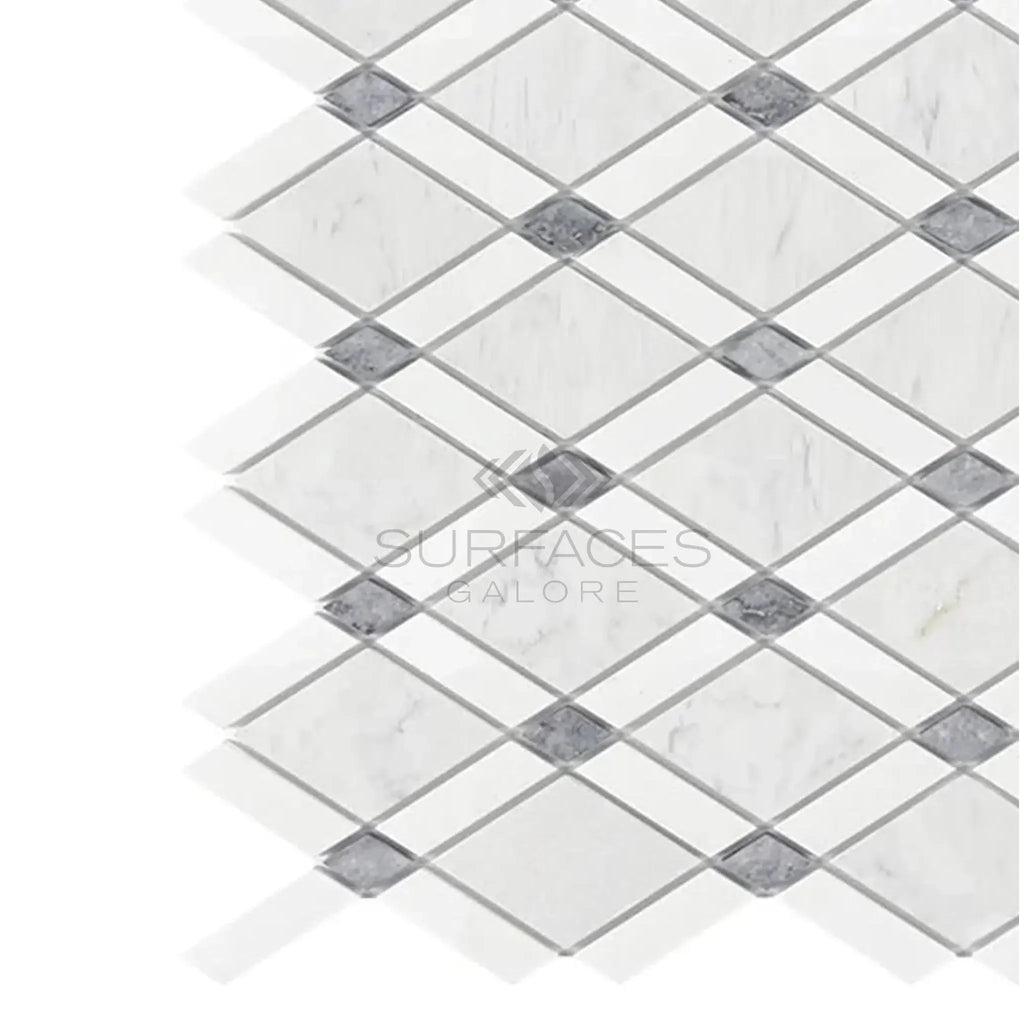 Diamond-patterned Carrara White Lattice Mosaic Marble Tile with gray accents