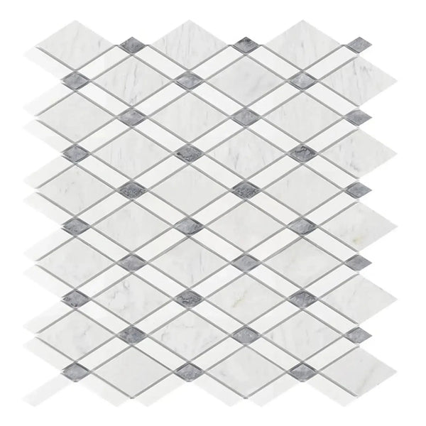 Diamond-patterned Carrara White Lattice Mosaic Marble Tile in polished or honed finish