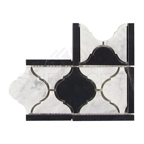 Black and white marble mosaic tile in Carrara White Luxury Lantern Border Corner design