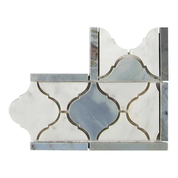 Arabesque marble tile sample of Carrara White Luxury Lantern Border Corner with Blue-Gray