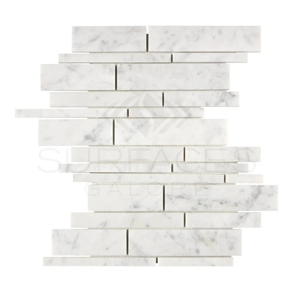 Carrara White Manhattan Random-Strip Mosaic Marble Tile in polished or honed finish