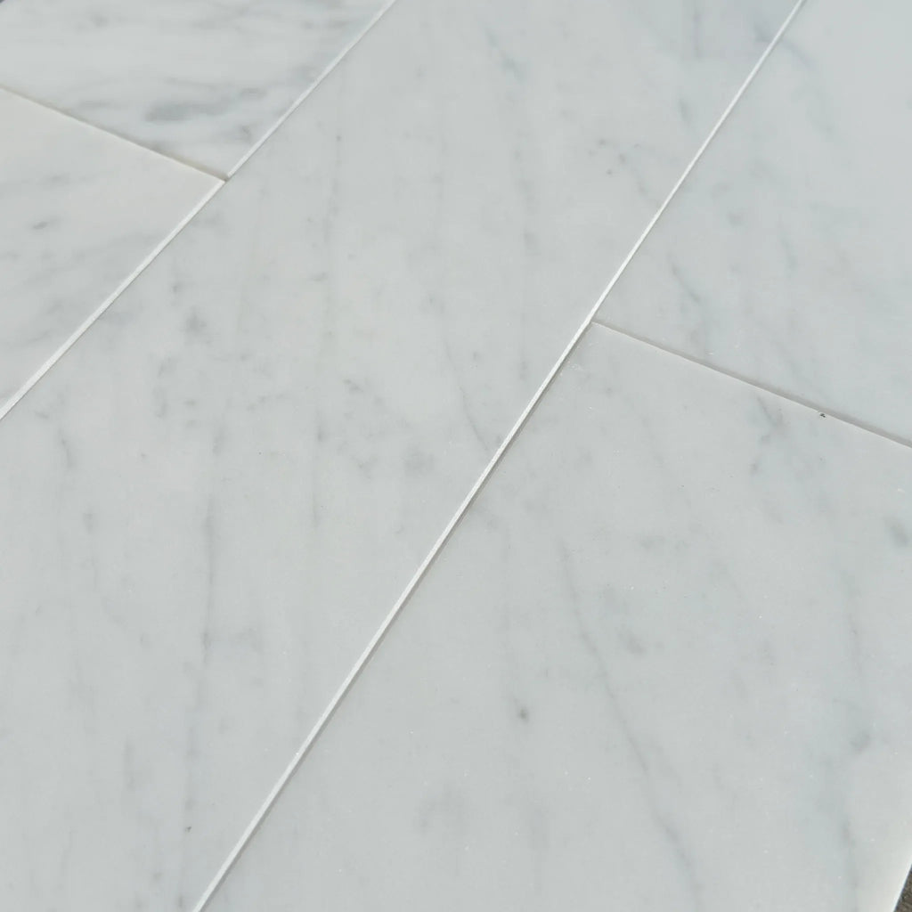 Carrara White Marble 4X12 Polished or Honed tiles showcasing elegant white marble flooring