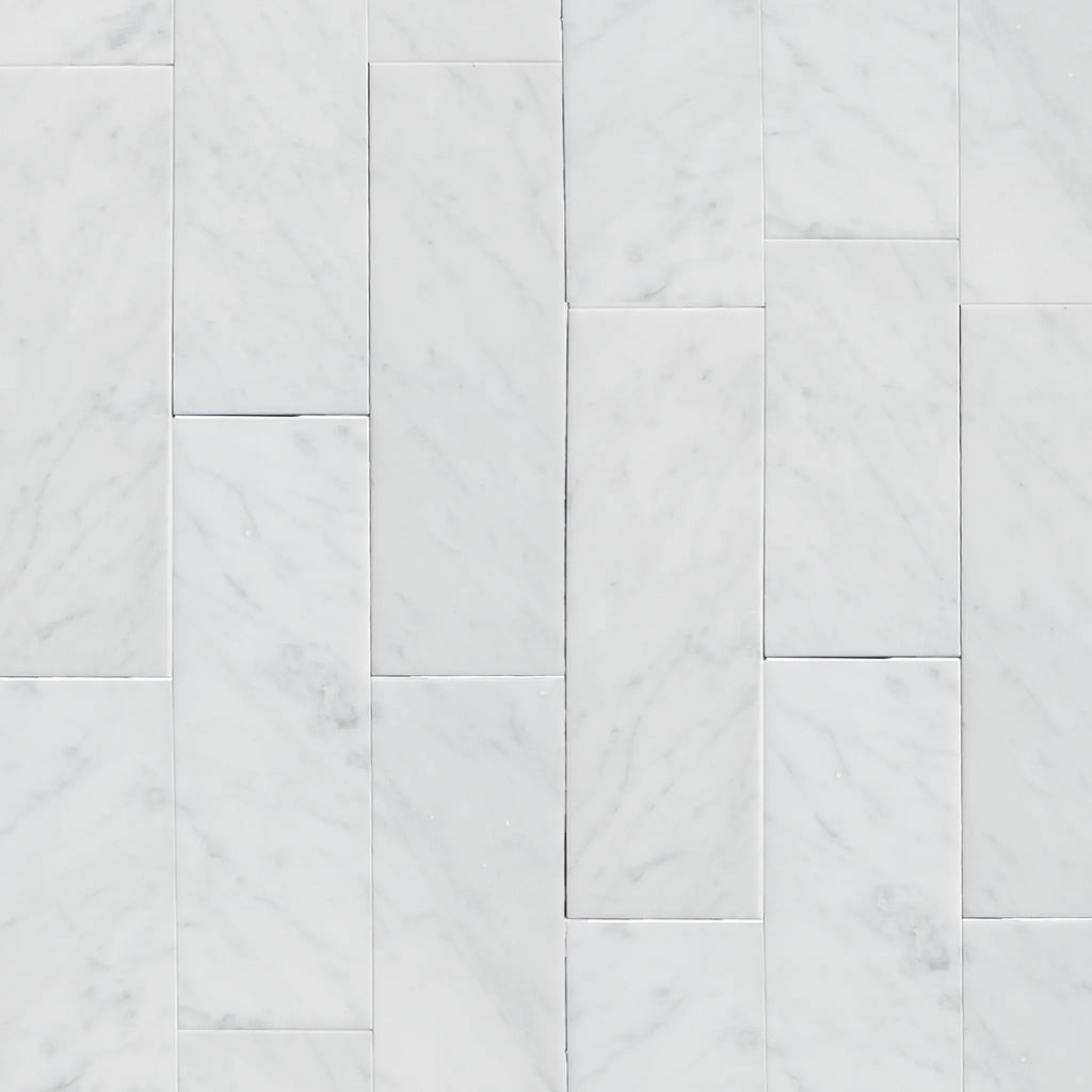 Carrara White Marble 4X12 Polished or Honed with elegant white tile pattern