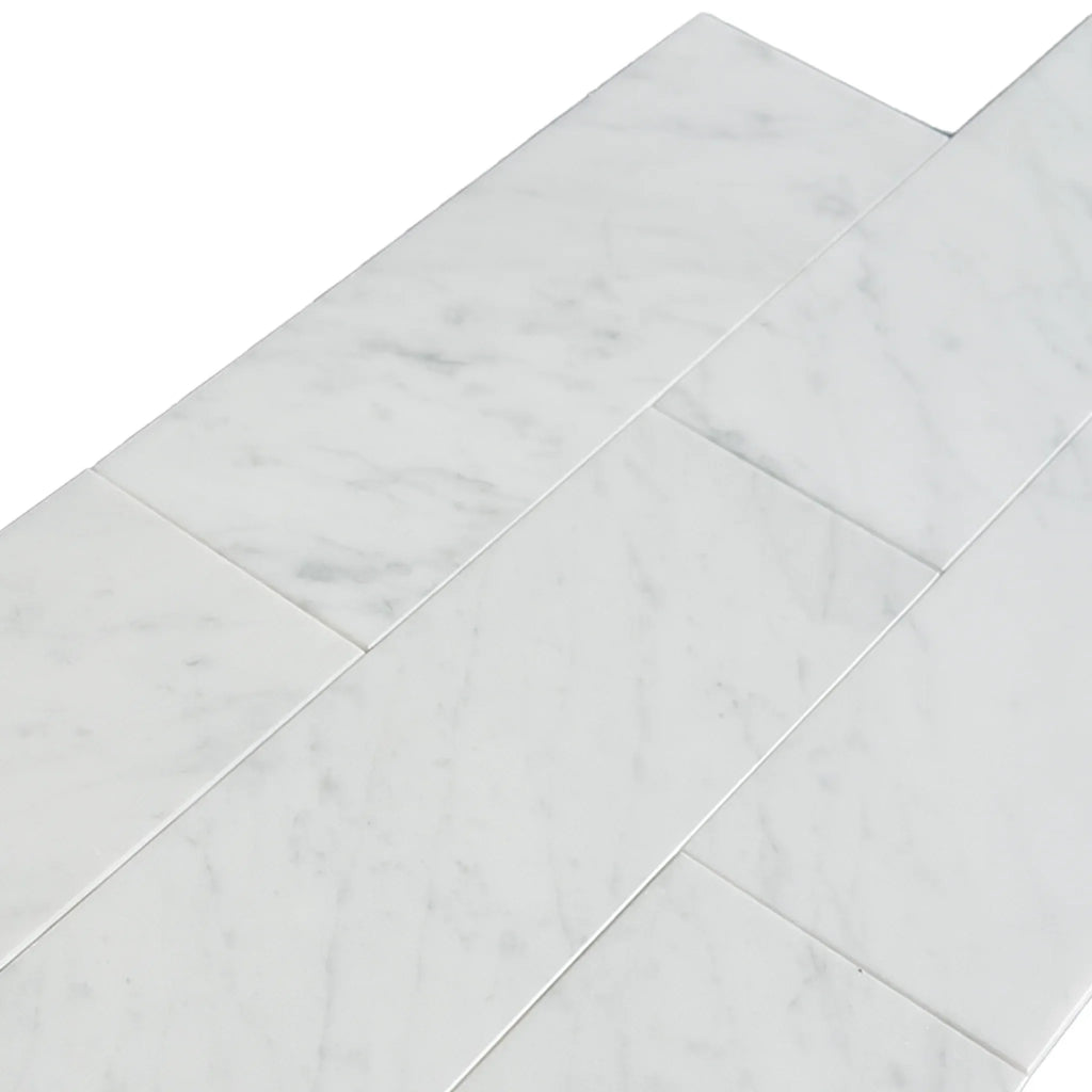 Carrara White Marble 4X12 Polished or Honed tile showcasing elegant white marble pattern