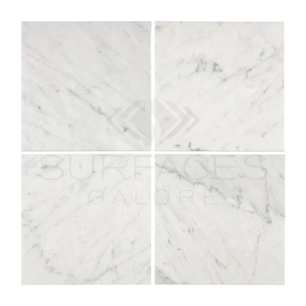 Carrara White Marble 4X4 Polished or Honed tiles displayed in a neat arrangement