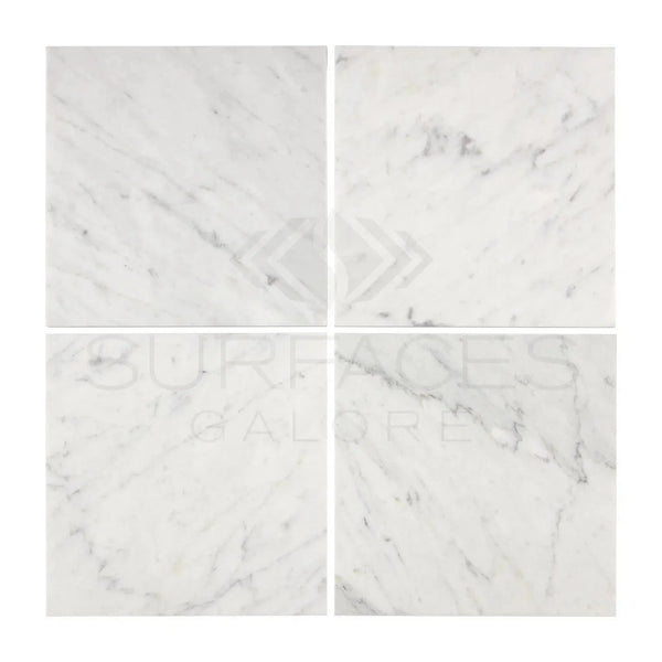 Carrara White Marble 4X4 Polished or Honed tiles displayed in a neat arrangement