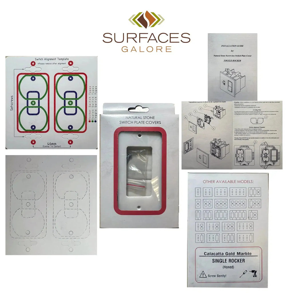 Assortment of switch plate covers with Carrara White Marble Double ROCKER installation guides