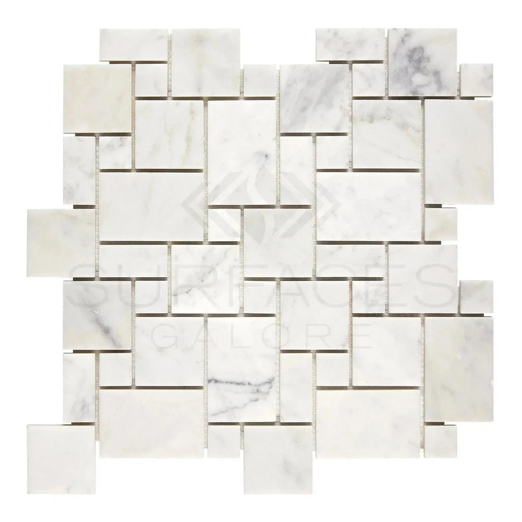 Carrara White Mini-Versailles Pattern Mosaic Marble Tile in polished finish