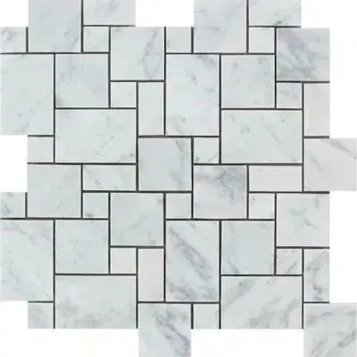 Carrara White Mini-Versailles Pattern Mosaic Marble Tile in polished finish