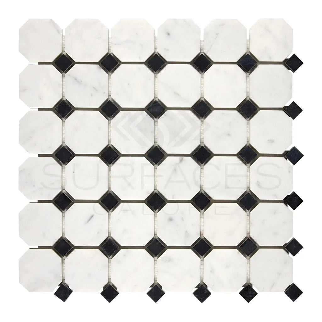 Carrara White Octagon and diamond tile mosaic in polished or honed marble finish