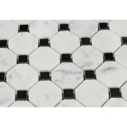 Carrara White Octagon and square mosaic marble tile pattern in polished or honed finish