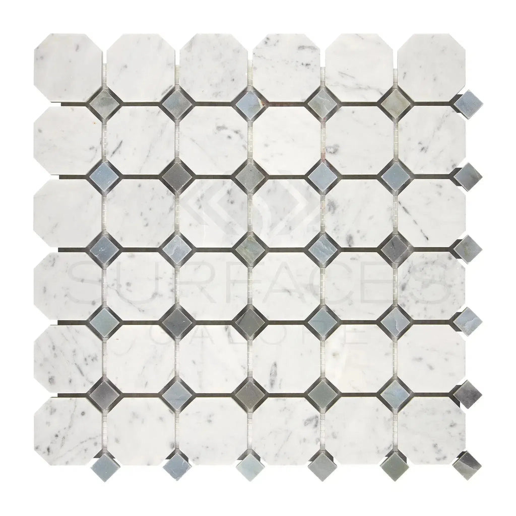 Carrara White Octagon and diamond marble mosaic tile in polished or honed finish