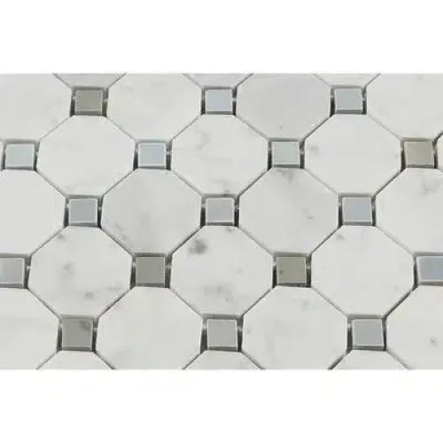 Carrara White Octagon and Square Tile Pattern in Blue-Gray Marble Mosaic