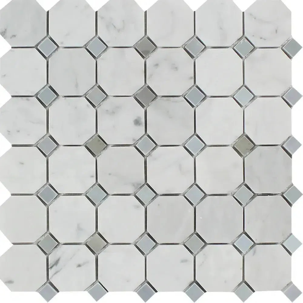 Carrara White Octagon and diamond tile pattern in polished or honed marble finish