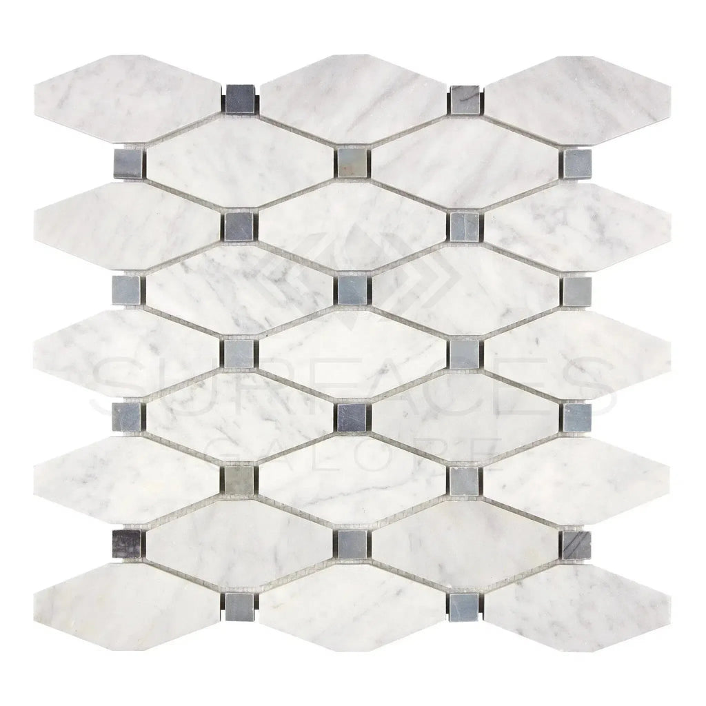 Carrara White Octave Mosaic Marble Tile in Polished or Honed finish with Blue-Gray accents