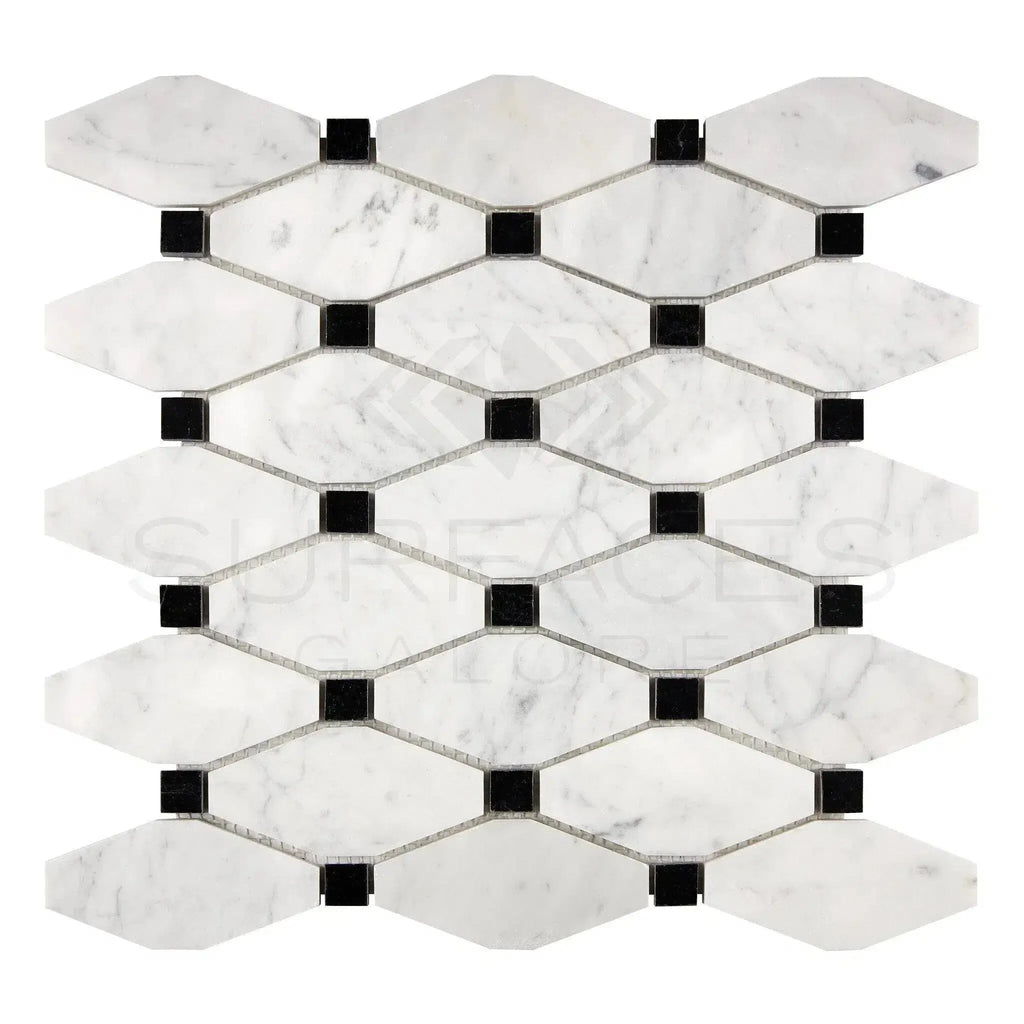 Carrara White Octave Mosaic Tile featuring White Marble and Black Square Design