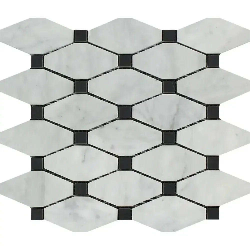 Marble and black tile mosaic in Carrara White Octave polished or honed marble tile