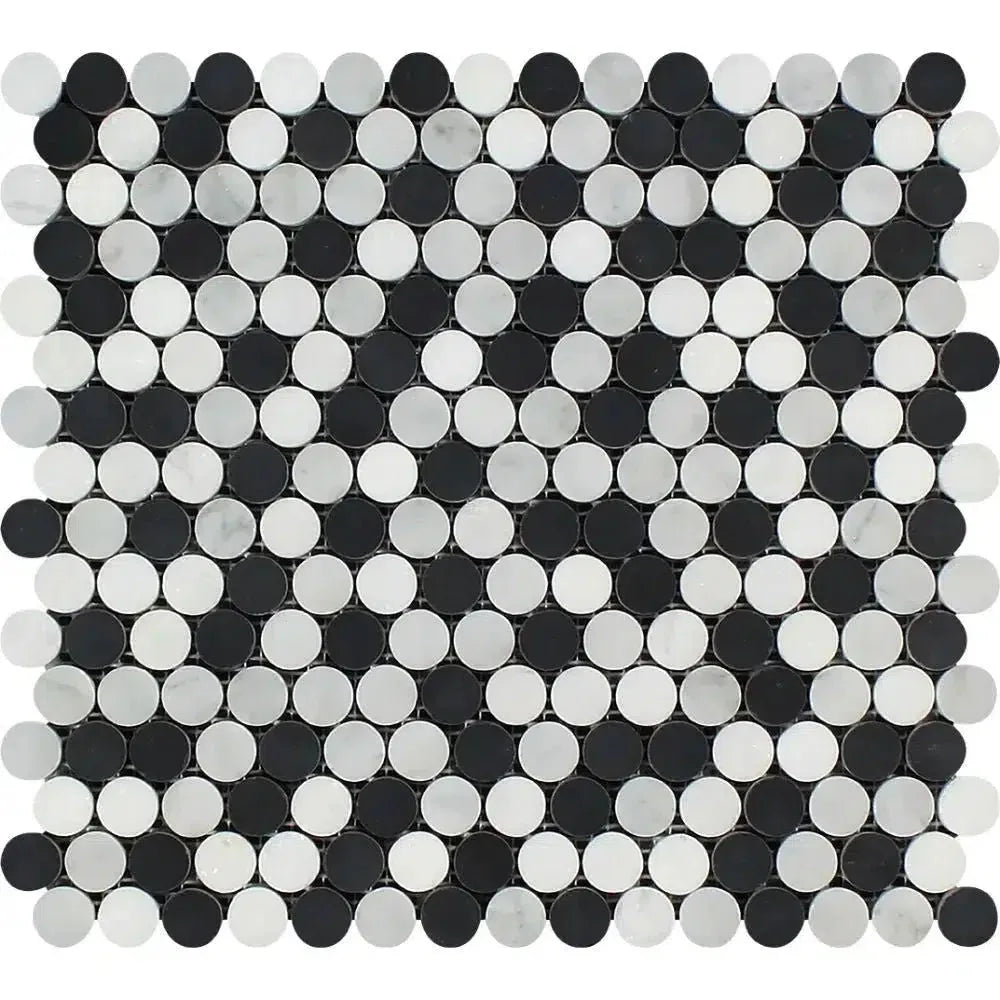 Black and white penny tile mosaic in Carrara White Penny-Round Marble Tile design