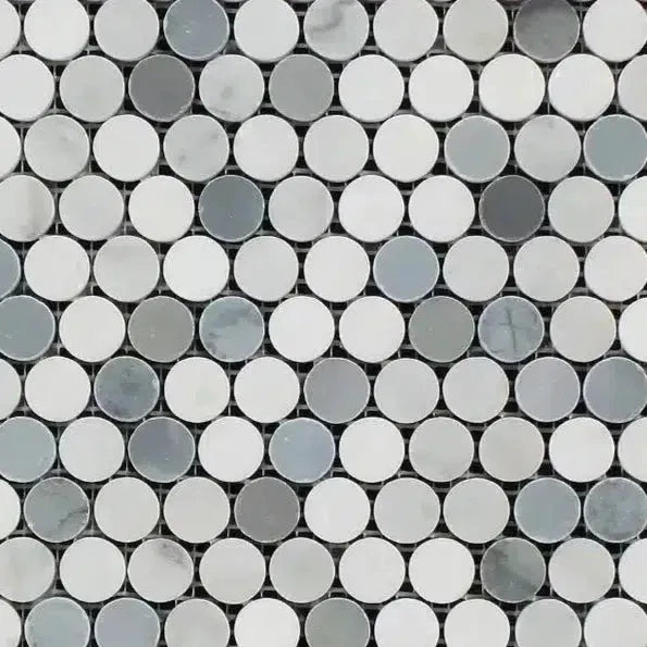 Circular mosaic tile pattern featuring Carrara White, Thassos, and Blue marble