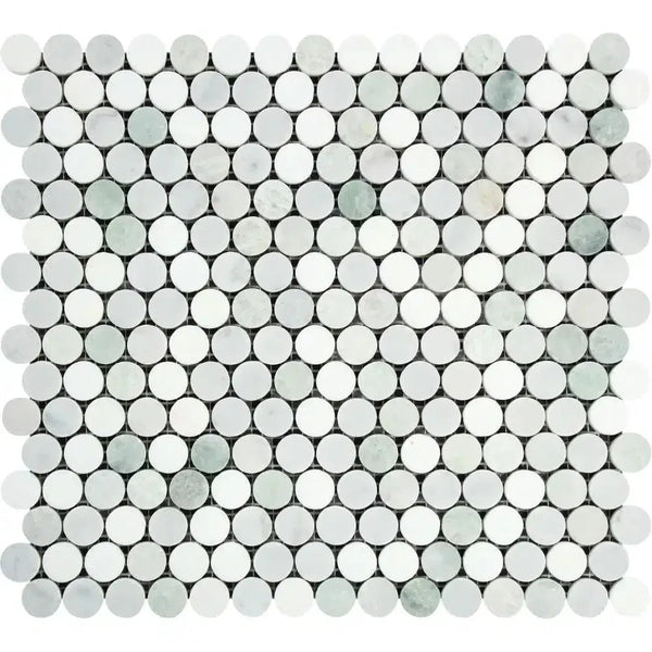 Circular mosaic tile sheet featuring Carrara White Penny-Round marble design