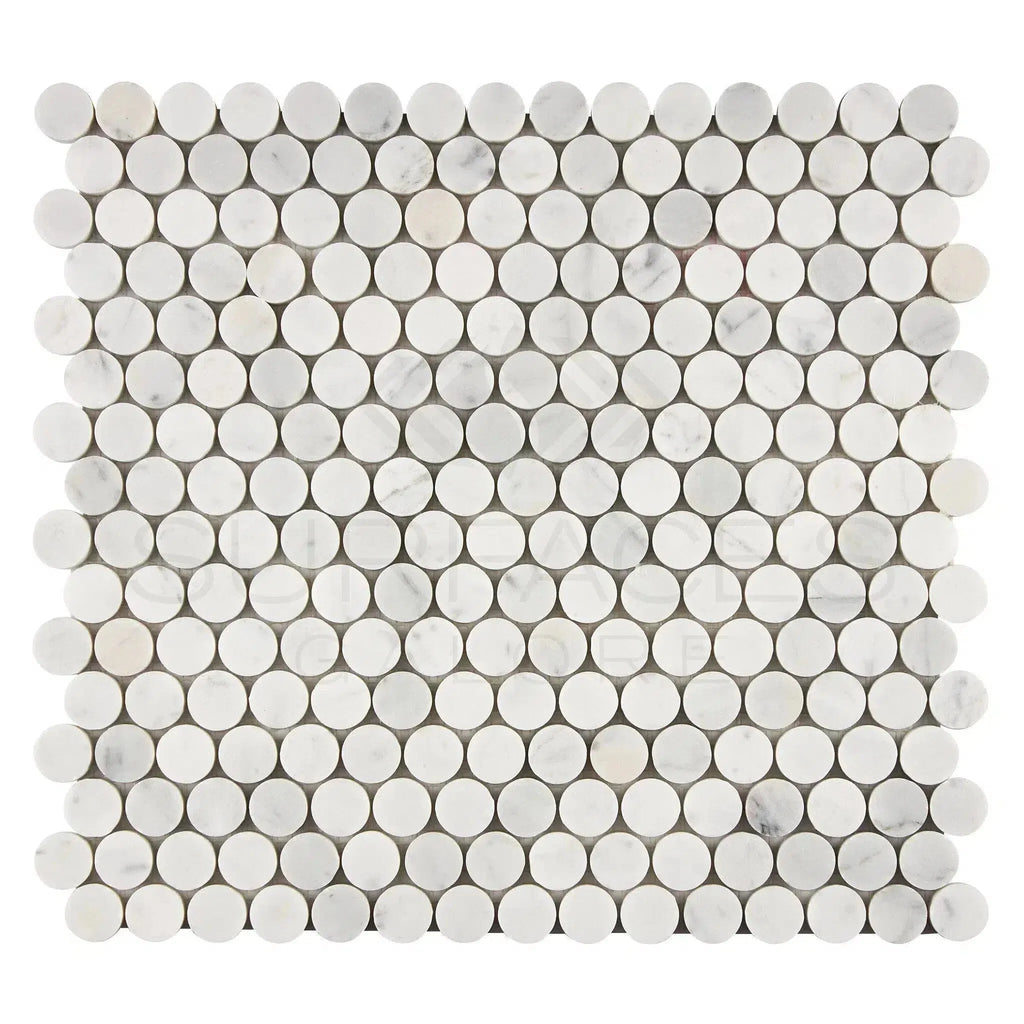 White marble penny tile sheet from Carrara White Penny-Round Mosaic Marble Tile collection