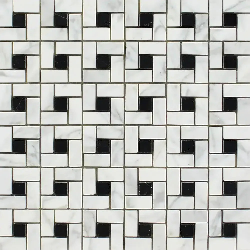 Black and white geometric tile pattern of Carrara White Pinwheel Mosaic Marble Tile