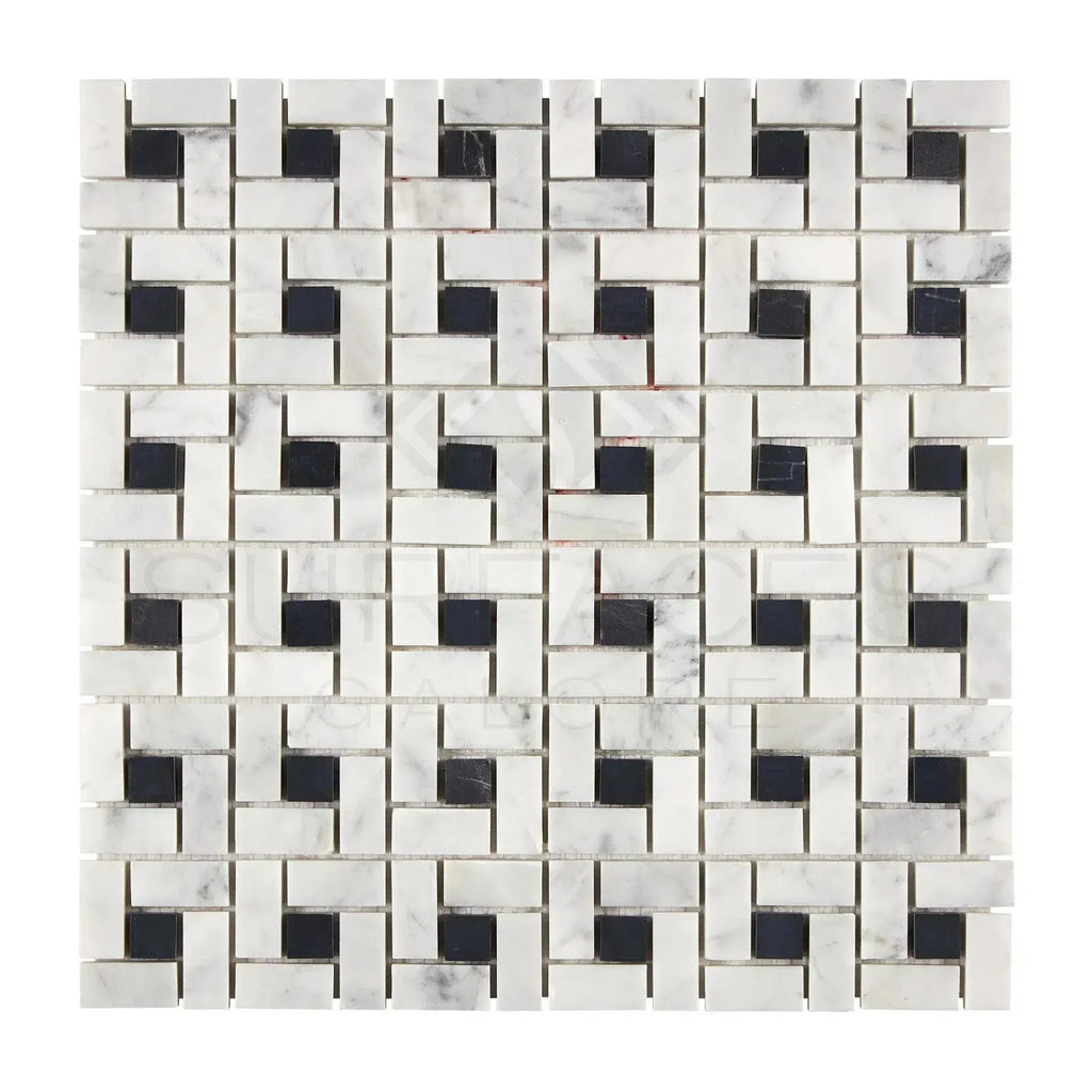 Carrara White Pinwheel Mosaic Marble Tile with Black Geometric Pattern Design