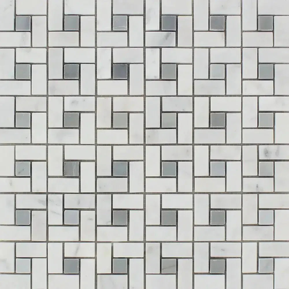 Geometric tile pattern of Carrara White Pinwheel Mosaic with Blue-Gray accents