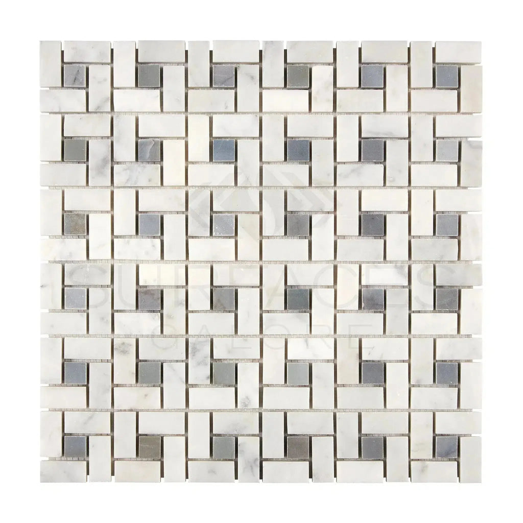 Carrara White Pinwheel Mosaic with Blue-Gray Marble Tile showcasing elegant patterns