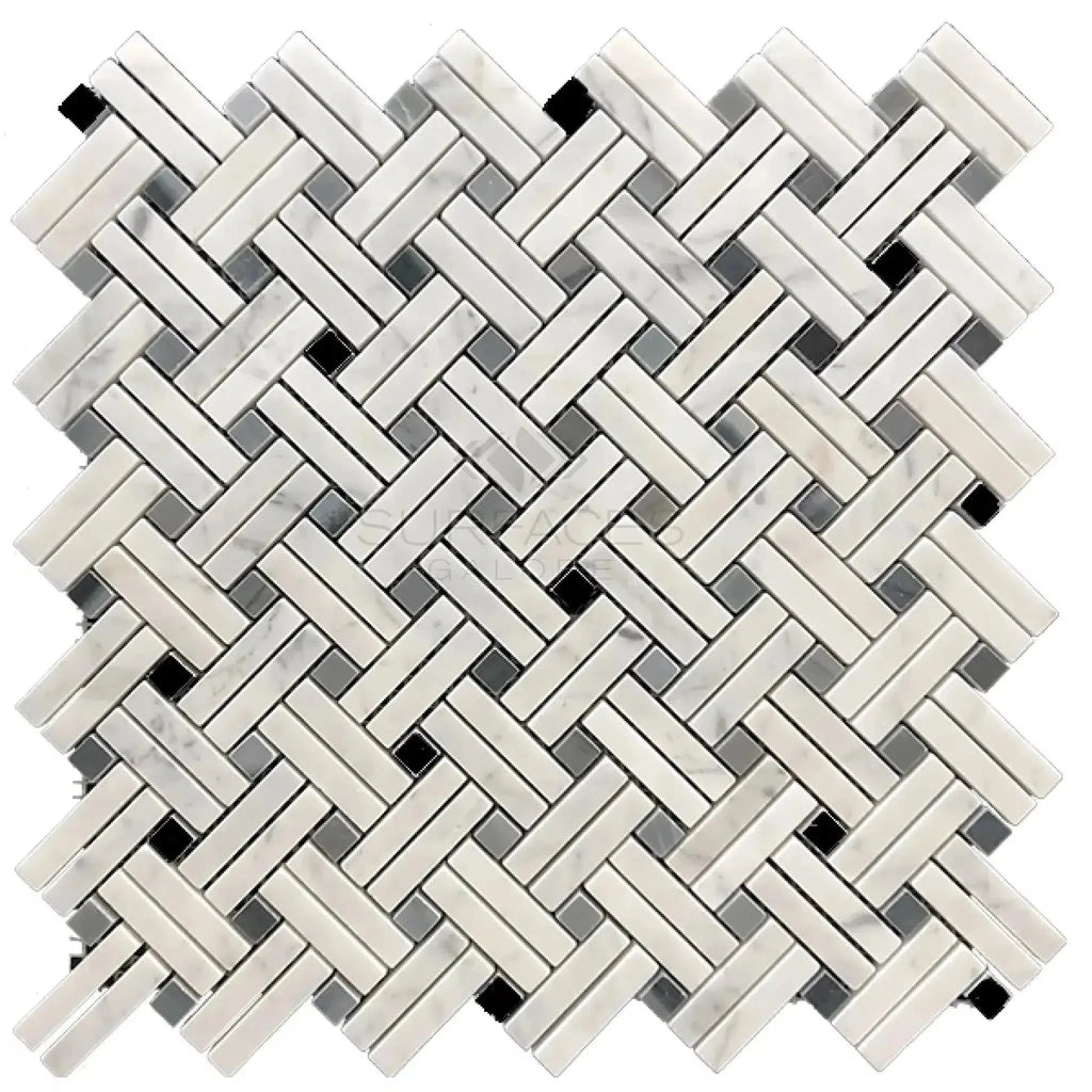 Carrara White Stanza Mosaic Marble Tile featuring Herringbone pattern in polished finish