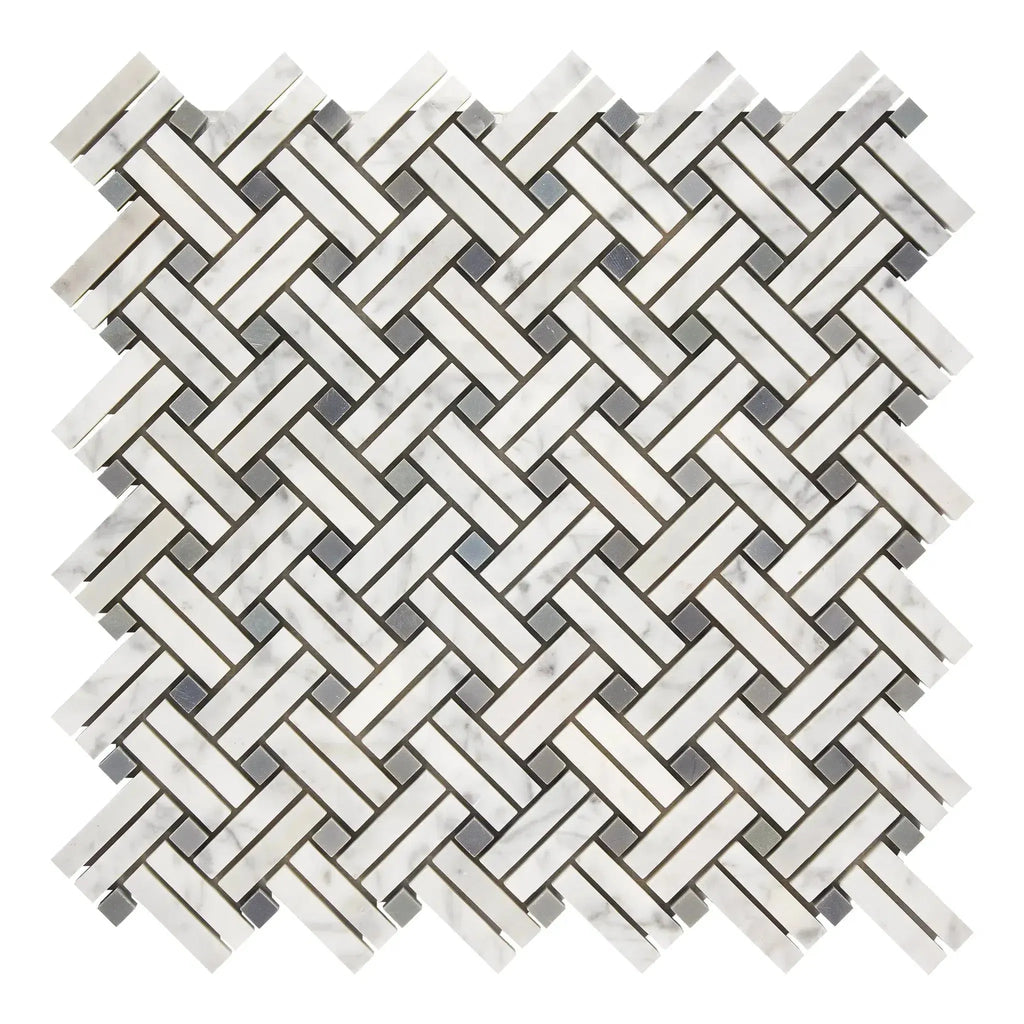 Herringbone mosaic tile sheet in Carrara White Stanza Marble with Black and Blue-Gray accents