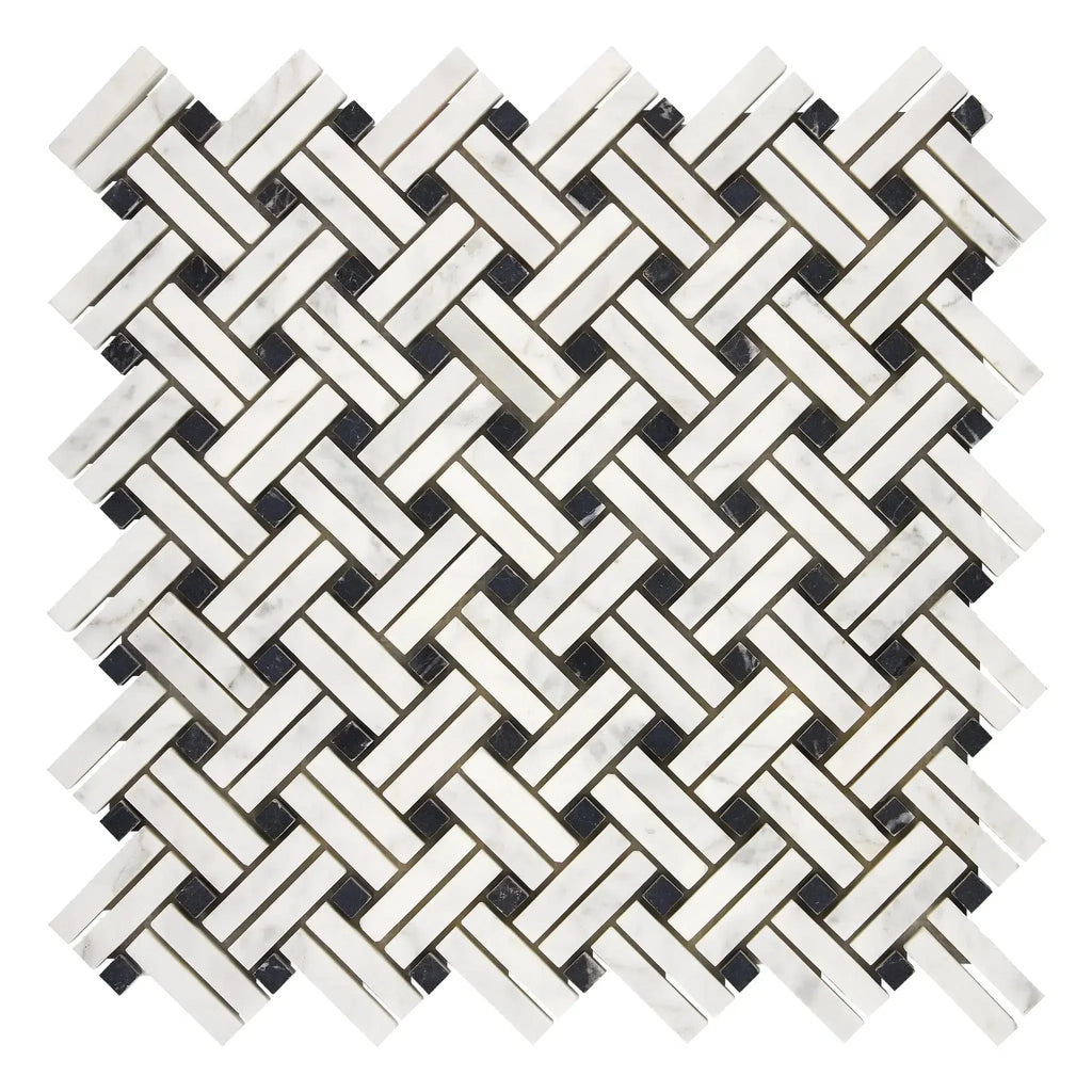 Woven marble and black tile mosaic in Carrara White Stanza Mosaic Marble Tile