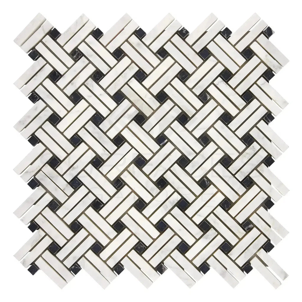 Woven pattern of Carrara White Stanza Mosaic Marble Tile with Black accents