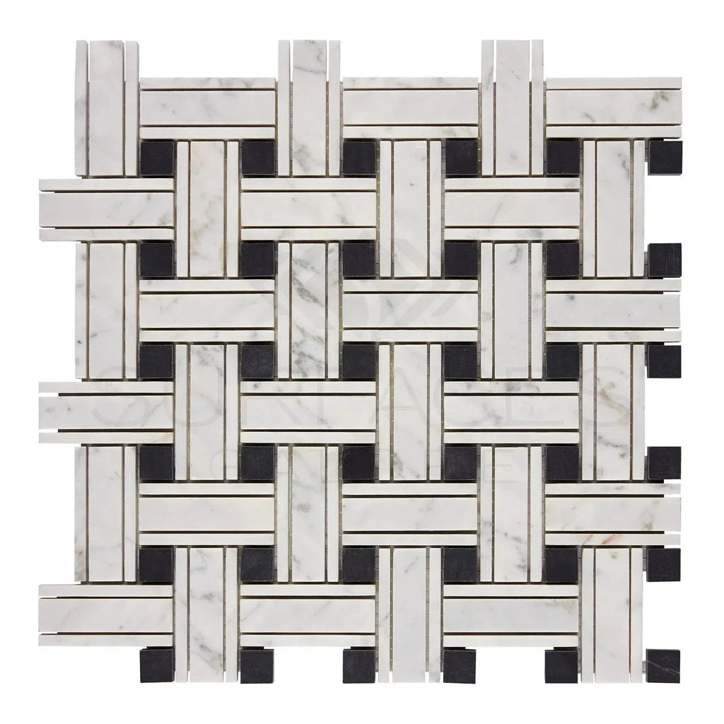 Woven marble and black tile mosaic of Carrara White Triple-Weave Marble Tile