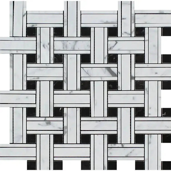 Woven marble and black tile pattern in Carrara White Triple-Weave Mosaic Marble Tile