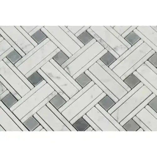 Herringbone pattern of Carrara White Triple-Weave Mosaic Marble Tile in polished finish