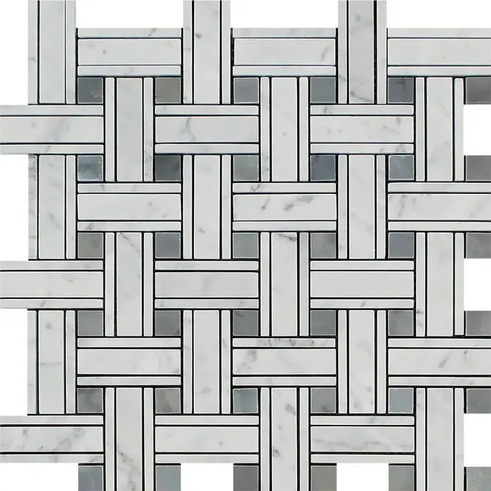 Woven Carrara White Triple-Weave Mosaic Marble Tile with Blue-Gray accents