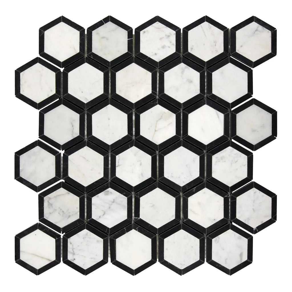 Carrara White Vortex 2’’ Hexagon Mosaic Marble Tile featuring polished black accents